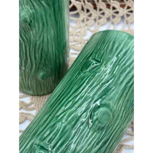 Pair Vintage Tree Trunk Vases Tumblers Garland Ceramics 1955 Green Nature - Picture 2 of 6
